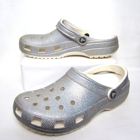 CROCS Classic Clog Women's 11 Silver Glitter Shimmer EUC Sparkle - Picture 1 of 13